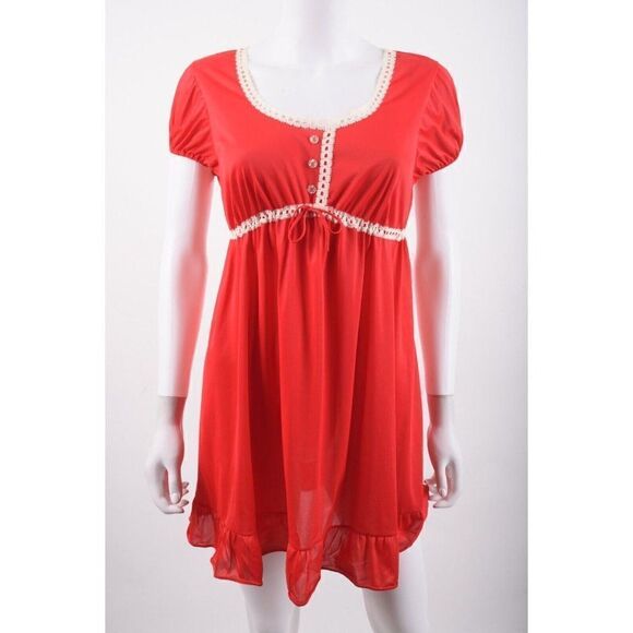 Vintage Womens Peignoir Babydoll Nightgown Pajama set + Robe Red Lace Trim Short - Picture 6 of 12